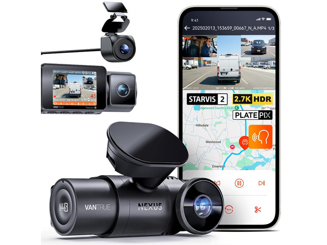 N4S 3 Channel Dash Cam, STARVIS 2 HDR IR Night Vision 2.7K+1440P+1440P Front Inside Rear,PlatePix, Voice Control,GPS,24/7 Parking Mode,Supports...