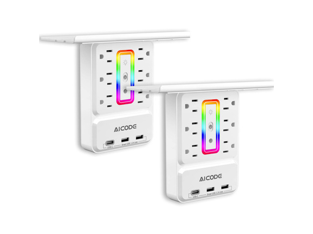 2 PCS Outlet Extender with Shelf, Nightlight, Surge Protector, USB C 9 In 1 Plug Expander, Detachable Shelf, 6 AC Outlets, 3 USB Ports USB C,...