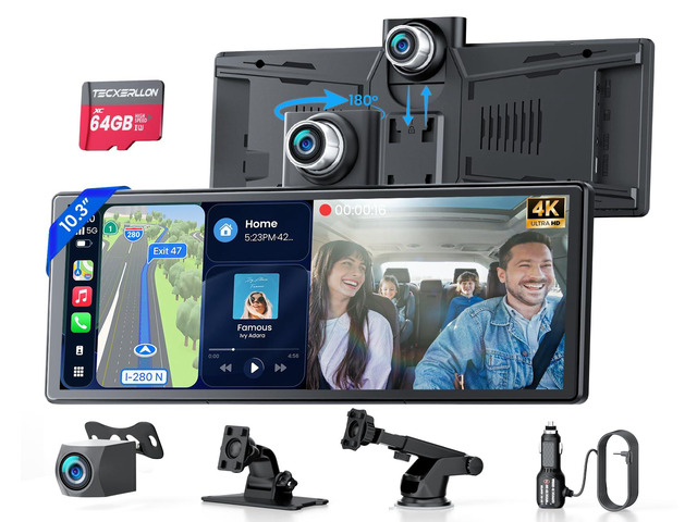 10.3' Portable CarPlay Screen for Car with Rotatable 4K Dash Cam Wireless Apple CarPlay & Android Auto/ Waterproof 1080P Backup Camera/ 64GB...