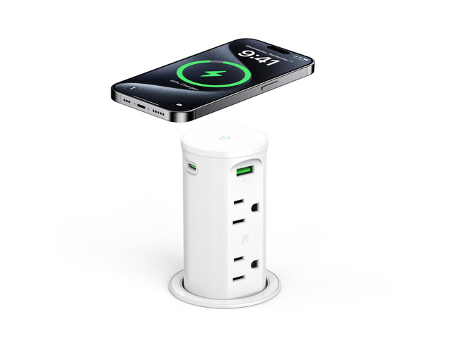 Pop Up Outlet for Countertop with 15W Wireless Charging Pad,Recessed Power Strip 2.5-Inch Hole,65W GaN USB C,Tamper Resistant Receptacle,4 USB,4...