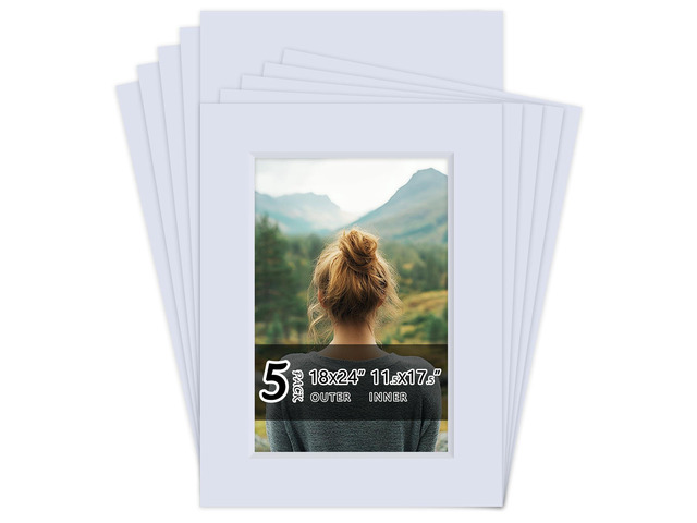 5Pack Acid Free 18x24 White Picture Mats Board Kit for 12x18 4-Ply Beveled Pre-Cut Photo Mats with Backing Board for Frames, Artwork and Prints
