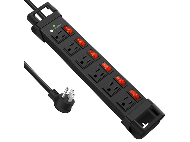 Heavy Duty Power Strip with 1200J Surge Protector,14 Gauge,Black,6FT Individual Switch with Multiple Outlets,for Home Office Workshop Garage,ETL...