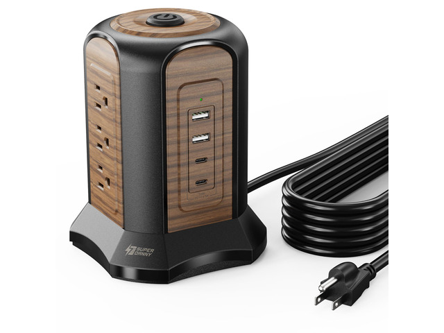 Power Strip Tower, Desktop Charging Station,10 Ft Extension Cord 1080J Surge Protector, 9 Outlets 4 USB Ports (2 USB C), Flat Plug Power Tower...
