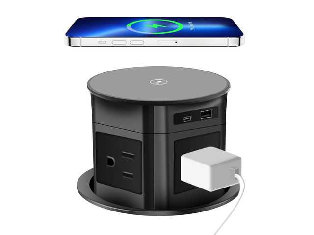 7-in-1 Pop Up Outlet with 15W Wireless Charger,3.86 inch Hole; 4 Outlets 1875W Overload Protection, USB-A,USB C Ports PD 20W,6.5FT 16AWG Cable UL...