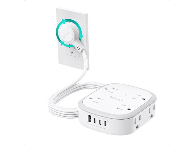 360° Rotating Flat Plug Surge Protector Power Strip, 6 FT Extension Cord 8 AC Outlets and 4 USB Ports (3 USB C), Wall Mount, Outlet Extender with...