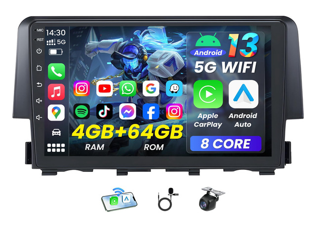 [8Core 4GB RAM 64GB ROM] Car Radio for Honda Civic 2016-2021: 9' 1280 * 800 HD Touchscreen Stereo with Wireless Carplay Android Auto 5G WiFi GPS...