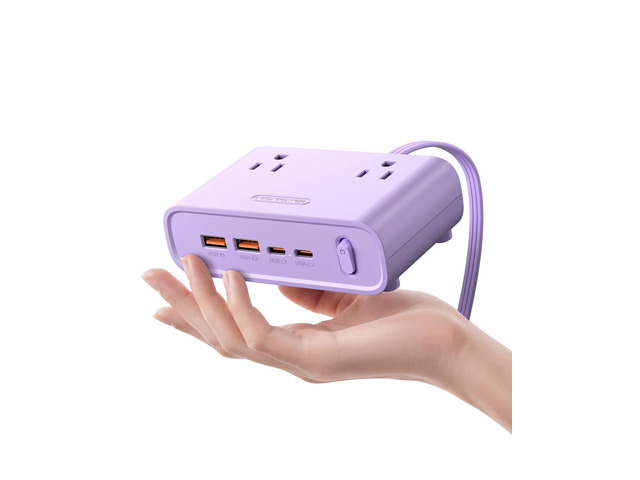 Flat Plug Power Strip, Desktop Charging Station with 25W USB C Ports, Purple Extension Cord with 4 AC Outlets, 5ft Flat Extension Cord for Home...