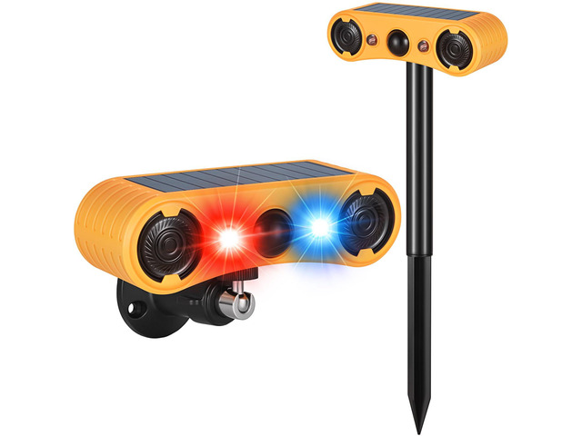 Solar Motion Sensor Alarm Outdoor, Red & Blue LED Strobe Light 130dB Dual Speakers, 13 Loud Sounds Dog Barking & Siren, Continuous Loop Playback,...