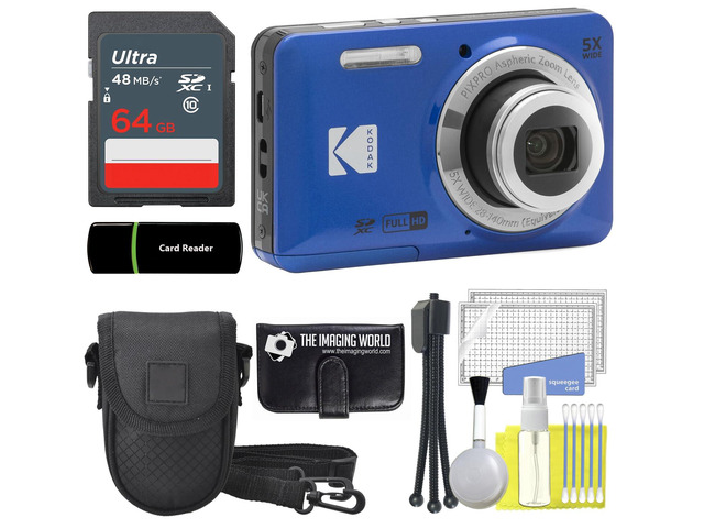 Kodak PIXPRO FZ55 Blue 16MP Digital Camera 5X Optical Zoom 28mm Wide Angle 1080P Full HD Video 2.7' LCD Camera + 64GB Card and Reader + Case +...