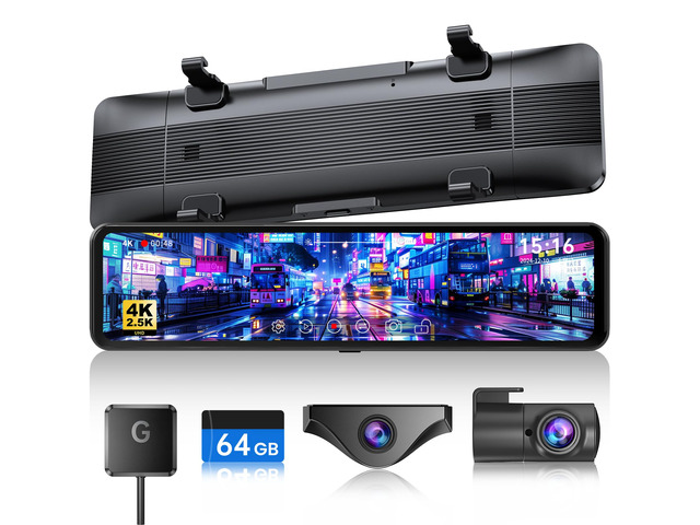 T860+ Mirror Dash Cam 4K Front and 2.5K Rear, Rear View Mirror Camera Detached Front Camera, 3X Zoom Backup Camera, 64GB Card Included, Night...