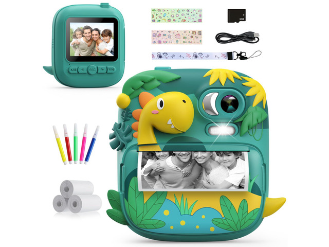 Kids Camera Instant Print, 2.4 Inch Screen Camera for Kids Dinosaur Children Digital Camera with 32GB Card & 3 Rolls Paper, Christmas Birthday Gift...