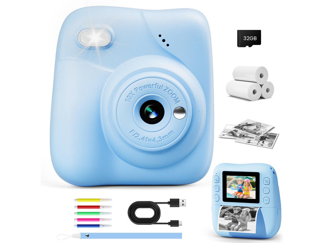 Kids Camera Instant Print, 1080P HD Kids Instant Camera with 32G Card & 3 Rolls Print Paper, Portable Toddler Toy, Christmas Birthday Gifts for...