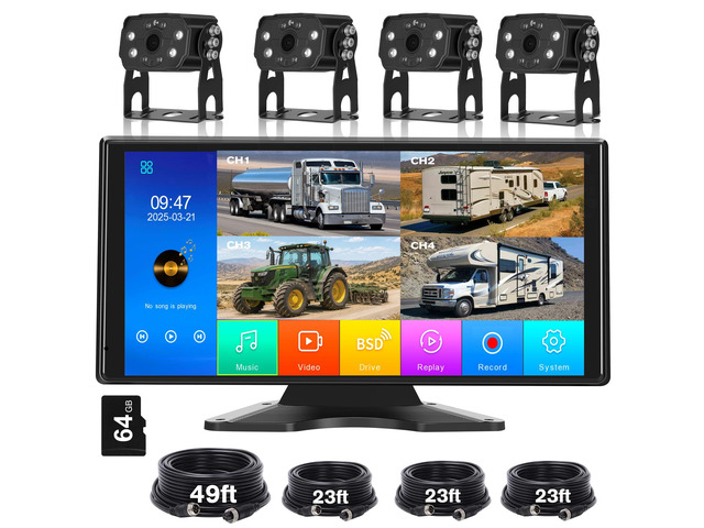 10.36'' Touch Screen Wired RV Truck Backup Camera System with 4 Cameras Included 64GB Card, 1080P IP69 Waterproof IR Night Vision Dash Cam, 4CH...