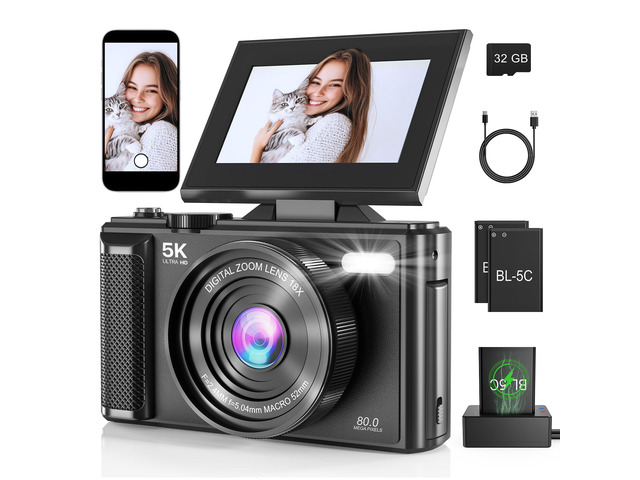5K Vlogging Digital Camera for Beginners,80MP Travel Camera for Photography with 32GB Card,18X Zoom Portable Compact Camera with 180Â° Flip...