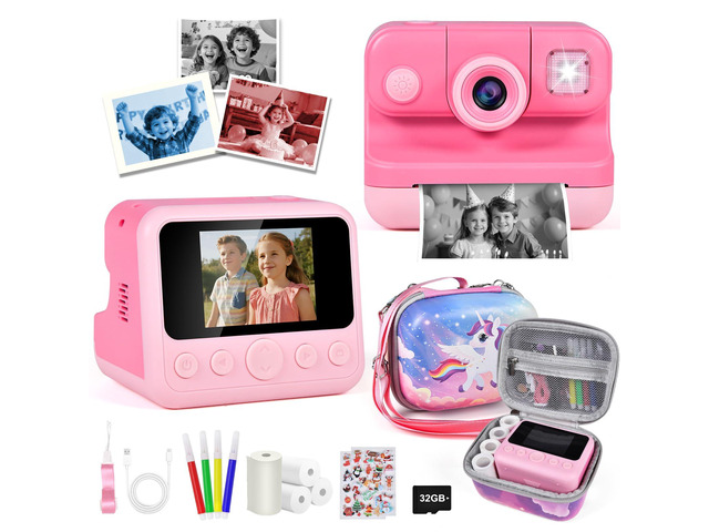 Kids Instant Print Camera with Carrying Bag, 1080P HD Girl Camera with 4 Print Paper Rolls, Color Pens & 32GB Card, Christmas Birthday Gifts Kids...
