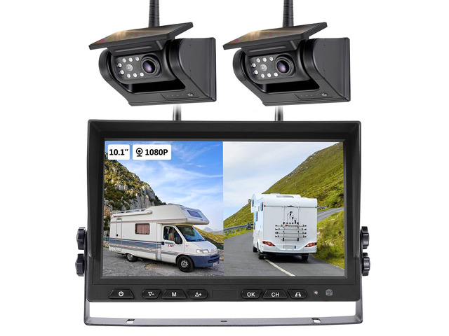 10.1' - 2 Magnetic Solar Wireless Backup Camera, HD 1080P DVR Monitor, Dual RV Cameras System for Hitch Towing RV Camper Trailer, IR Night Vision,...