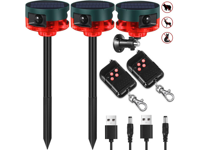 2 Pack Solar Outdoor Motion Sensor Alarm-Dog Barking & Gunshot Sound Support Recording Animal Deterrent for Home Security, 13 Kinds of Sounds (Red)