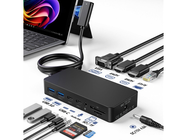 Surface Docking Station, Triple Display Dual 4K HDMI & VGA 12-in-1 Surface Dock for Surface Pro 11/10/9/8/7/6/5/4/3, Surface Laptop 7/6/5/4,...