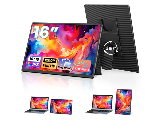 16.1' Portable Monitor for Laptop - 1200P FHD, Ultra-Thin Laptop Screen Extender Horizontal Vertical with 360° Rotating Detachable Stand, Plug &...