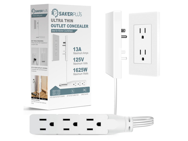 Outlet Concealer Power Strip Baby Proof, 5ft Ultra Flat Plug Cord Ultra-thin Outlet Cover Extender with 3 AC Outlets, 1625W Power, Child & Pet...