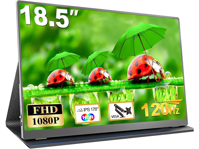 18.5 Inch Portable Monitor, FHD 120Hz IPS HDR 125% sRGB USB-C HDMI External Travel Monitor with Built-in Speakers, VESA Compatible for Laptop...
