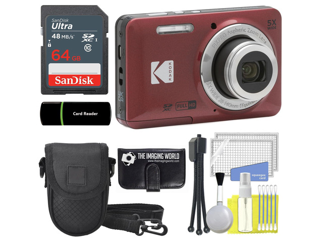 Kodak PIXPRO FZ55 Red 16MP Digital Camera 5X Optical Zoom 28mm Wide Angle 1080P Full HD Video 2.7' LCD Camera + 64GB Card and Reader + Case +...