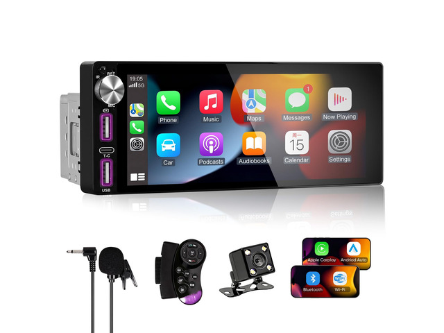 6.9' Single Din Radio with Wireless Apple CarPlay & Android Auto HD Touchscreen Car Stereo,Bluetooth 5.2,Fast Charging,1080P Backup...