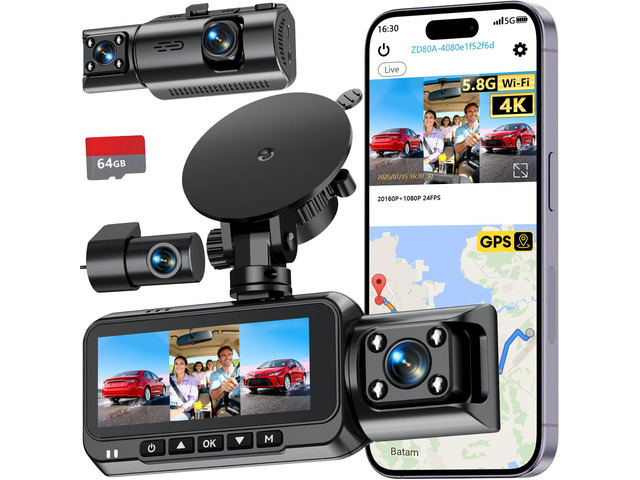 3 Channel Dash Cam, Dash Cam Front Rear Inside, Car Camera for Rideshare 4K Clear Video, 5.8GHz WiFi, IR Night Vision, G-Sensor, GPS Tracking,...