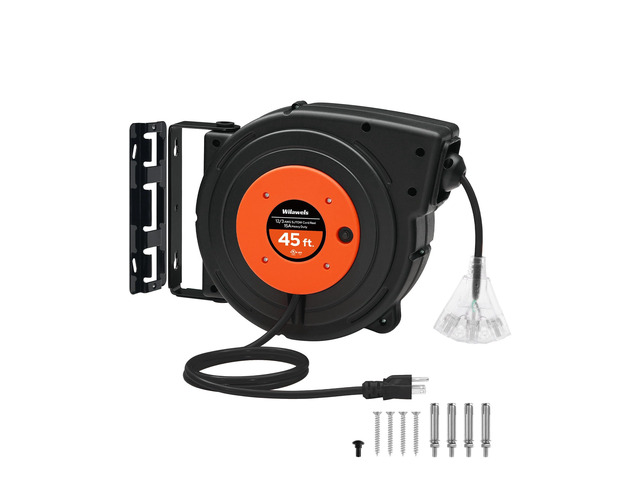 Retractable Extension Cord Reel, 45 FT Heavy Duty Power Cord, 12AWG/3C SJTOW, 3 Grounded Outlets Lighted Triple Tap, 15 Amp Circuit Breaker, UL...