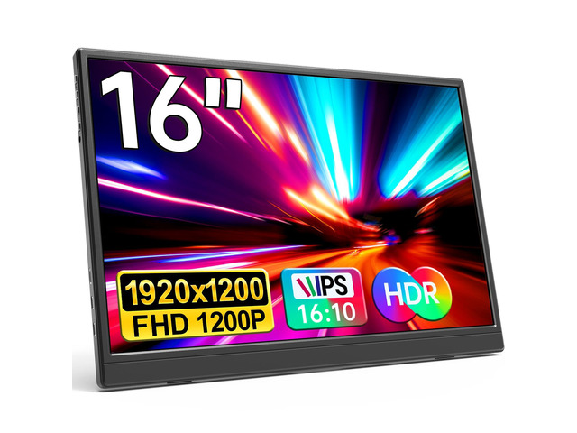 Portable Monitor 16.0inch FHD 1920 * 1200P USB C HDMI Ultra-Slim IPS Travel Display & Speakers, HDR Plug & Play, External Monitor for Laptop PC,...