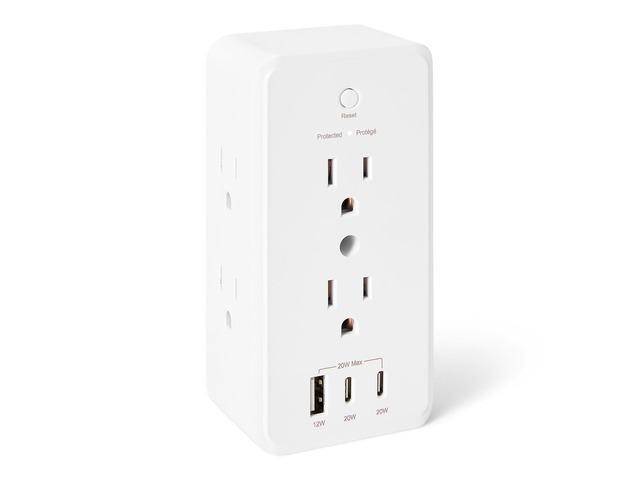 Wall Mount Surge Protector Power Strip with 9-in-1 Hub, 1080 Joules, 6 AC Outlets, 1 USB-A and 2 USB-C (20W Fast Charging), White