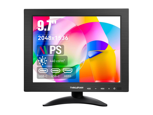 9.7 Inch Small Monitor 2048x1536 IPS Display, 4:3 Second Screen, 440 Nit Brightness, Dual USB-C & HDMI, Built-in Speakers, VESA Mountable, External...