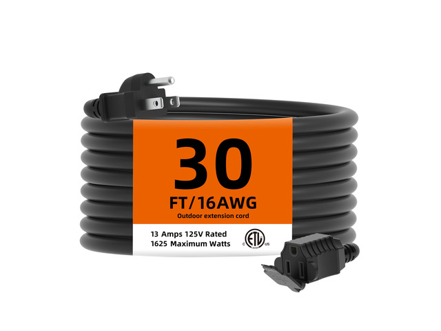 Indoor Outdoor Extension Cord Waterproof, 30 Feet 3 Prong Power Cord for Home and Garden, 16 AWG, 13A/1625W, ETL Listed (30 FT)