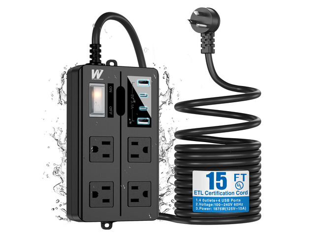 15FT Outdoor Waterproof Power Strip Overload Protector with 4AC Outlets 4USB Ports (2A 2C) Power Switch Safety Lock, ETL Certified for Patio Garden...