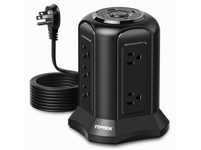 Tower Power Strip Surge Protector 2100J 10 Outlets, 2 USB-C (20W PD), 2 USB-A, 6.5FT Flat Plug Extension Cord for Home Office, Dorm, Desktop