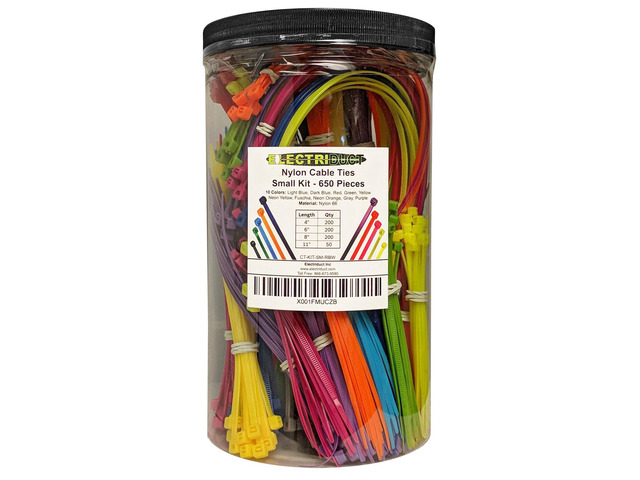 Nylon Cable Tie Kit - 650 Zip Ties - Multi Color (Blue, Red, Green, Yellow, Fuchsia, Orange, Gray, Purple) - Assorted Lengths 4', 6', 8', 11'