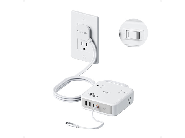 Surge Protector Extension Cord 5Ft, Flat Plug Power Strip 4 Outlets 4 USB Ports(1 USB C) 20W USB C Cable, USB Charger 1050 Joules Protection,...