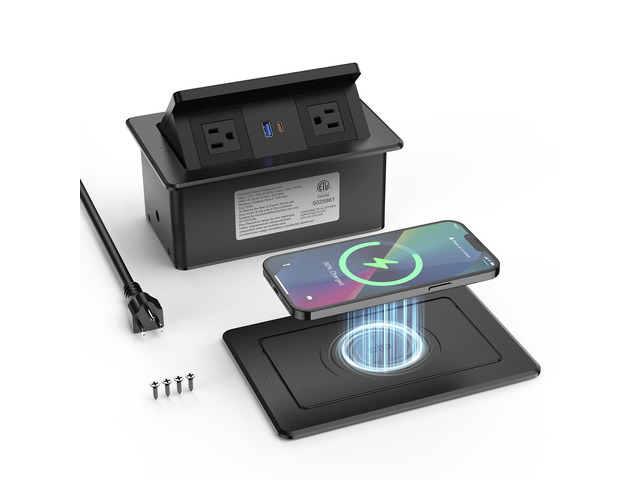 Pop up Power Outlet with 15W Wireless Charger, Recessed Power Strip with USB-C PD 20W, 2 Outlets, Desk Charging Station for Conference Room Kitchen...