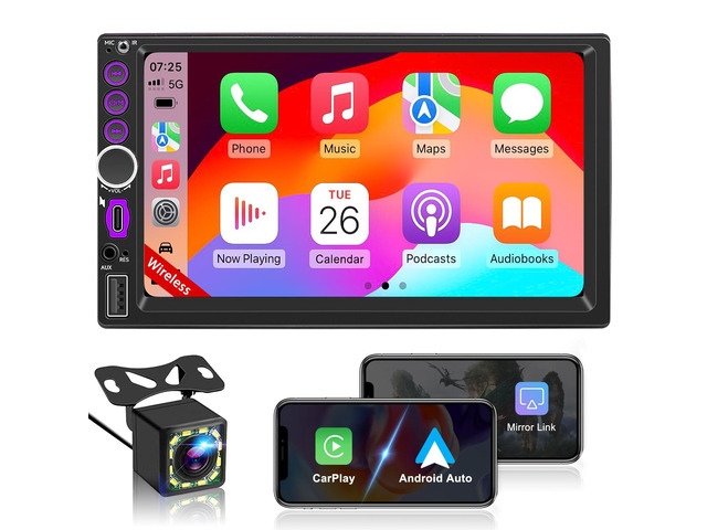 7'' Wireless Double Din Car Stereo Carplay Radio Screen for Car Audio Receivers, Bluetooth Car Play Android Auto Touchscreen, Mirror Link, FM/AM,...