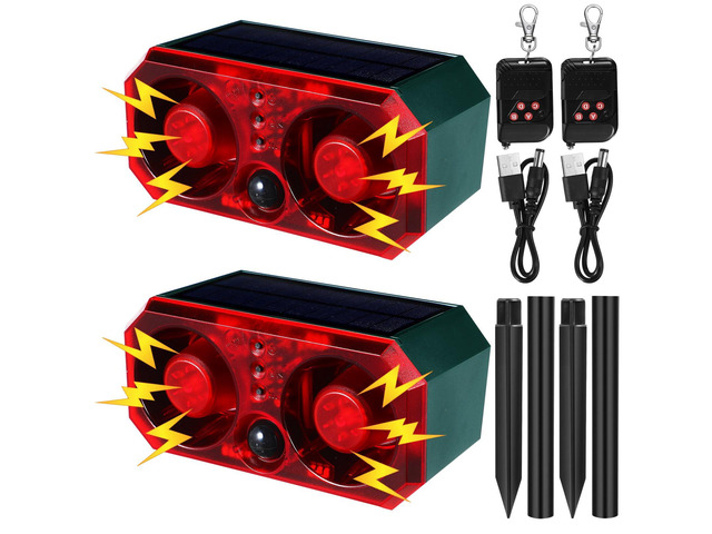 2 Pcs Solar Outdoor Motion Sensor Alarm with Stake Animal Deterrent Dog Barking Sensor 13 Sound 130dB Loud Noise Maker 4 Mode with USB Remote...