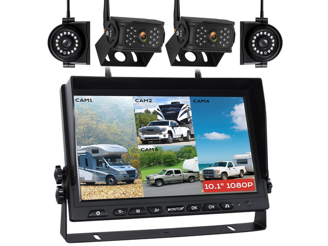 10.1' Wireless RV Backup Camera System, 2 Rear Cameras & 2 Side Cameras for Reversing/Monitoring Trailer Truck Pickup Camper, 1080P DVR Monitor,...