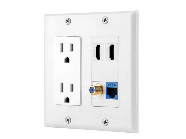 15A Power Outlet, 2 Port HDMI, 1 Cat6 Ethernet, 1 Coax Cable TV Wall Plate in White