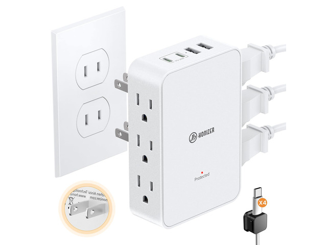 2 Prong to 3 Prong Outlet Adapter, 3 Sided 6 Outlet, PD 20W USB C Double Polarized Plug for Non Grounded Older House,1875W 2 Prong Power Strip...