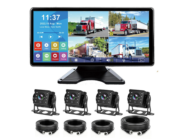 10.36'' 4K RV Backup Camera System with 4 1080P Cameras, Built-in DVR Loop Recording, Bluetooth MP5, Night Vision, IP69 Waterproof for Truck...