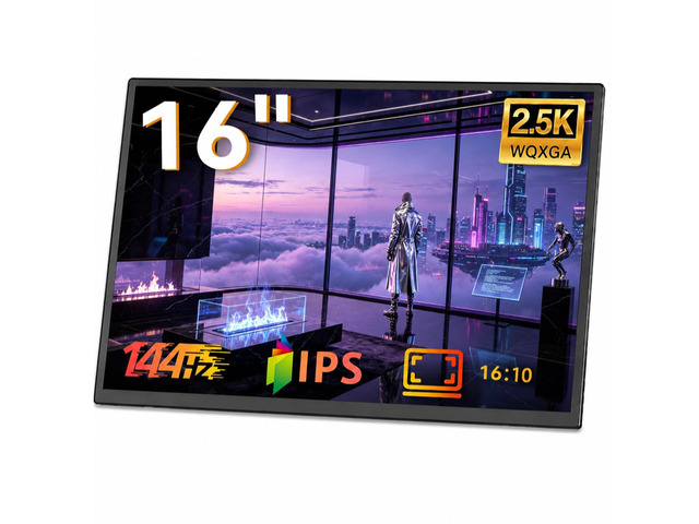 Portable Gaming Monitor, 16-inch, 2.5K QHD, 144Hz Travel Monitor with Built-in Speakers, Compatible with Laptops, Computers, Switch, Xbox, PS5,...