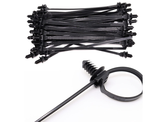 Push Mount Zip Ties, 8 inch Cable Zip Tie Black Wire Tie with Push Pin Fir Tree Zip for Indoor and Outdoor (100 Pack)