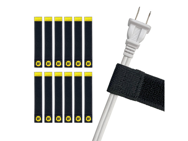 Selfie Straps by - 6-inch (12-Pack) Black Elastic Hook and Loop Cord Organizer Wraps for Phone Charger, Computer, Electrical Charging Cord and...