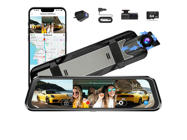 3 Channel Mirror Dash Camera for Cars,9.66' Triple Rear View Mirror with Front 4K/3K, Inside and Rear 1080P with WiFi, G-Sensor, Night Vision,...