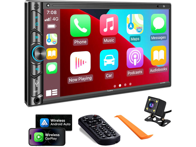 Double Din Car Stereo Compatible with Voice Control Apple Carplay - 7 Inch HD LCD Touchscreen Monitor, Bluetooth, Subwoofer, USB/SD Port, A/V...