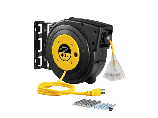 Retractable Extension Cord Reel, 40 FT Heavy Duty Power Cord, 12AWG/3C SJTOW, 3 Grounded Outlets Lighted Triple Tap, 15 Amp Circuit Breaker, UL...